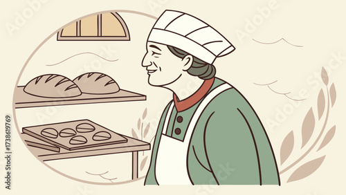 An elderly baker smiles in her bakery, with shelves of freshly baked bread and rolls, creating a warm and inviting atmosphere