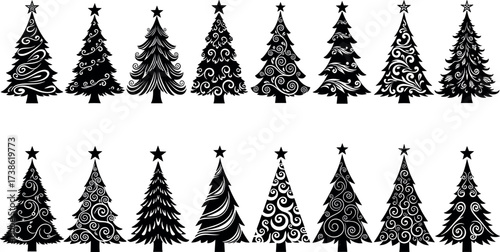 Set of decorative black Christmas tree silhouettes with stars, abstract festive pine designs, holiday ornament elements, swirl and curl patterns