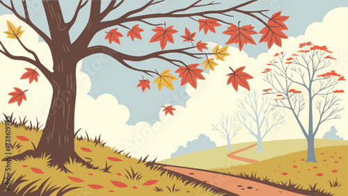 Autumnal scene with falling leaves and a winding path, capturing the essence of the season in a serene landscape with trees and a cloudy sky