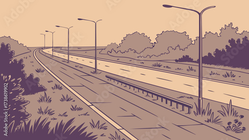 A long, straight highway stretches into the distance, lined with streetlights and trees, a scene of travel and transportation