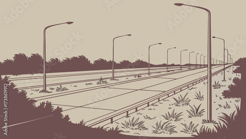 A long highway stretches into the distance, lined with streetlights and trees, a scene of travel and transportation