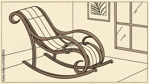 A cozy rocking chair illustration in a room with a window and a picture frame, creating a relaxing and nostalgic atmosphere in a vintage style