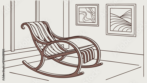 A cozy rocking chair sits in a room with framed artwork, creating a relaxing and inviting atmosphere for unwinding after a long day, vector illustration