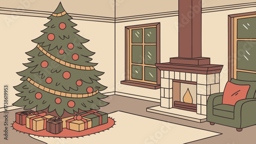 A festive christmas living room featuring a decorated tree, presents, a fireplace, and a comfortable armchair, creating a warm and inviting holiday scene