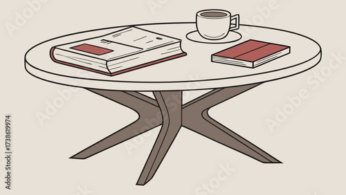 A round coffee table with books and a cup, , showcasing a cozy reading nook and minimalist design