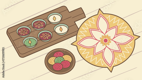 A delightful spread of traditional indonesian sweets and treats arranged on a wooden table, showcasing the vibrant colors and intricate designs of the cuisine
