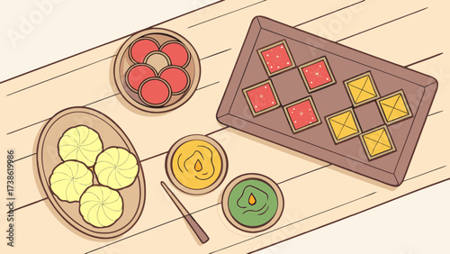 An overhead shot of a delicious spread of indonesian cuisine, featuring a variety of colorful dishes and flavors on a wooden table, top view