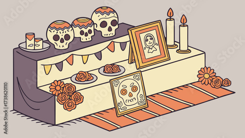 An illustration of a day of the dead altar with sugar skulls, candles, flowers, and a portrait, creating a vibrant and festive scene for the holiday