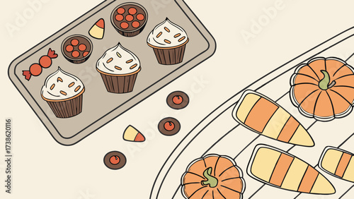 Overhead shot of halloween baking scene with cupcakes, cookies, and candy corn, arranged on trays and a cooling rack, creating a festive and spooky atmosphere