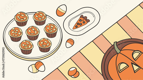 Overhead shot of halloween treats on a table with a festive tablecloth, featuring cupcakes, candy corn, and a pumpkin, creating a spooky and delicious scene