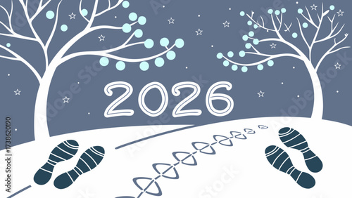 A winter wonderland anticipates the arrival of 2026, with snowy trees, footprints, and festive lights illuminating the night sky with stars