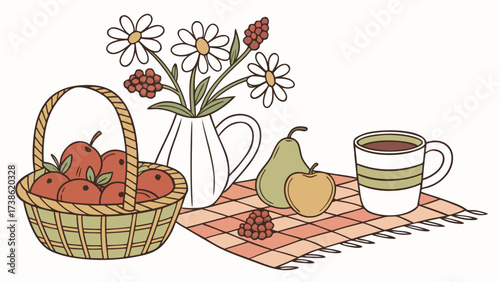 Charming still life with a basket of apples, a vase of flowers, and a cup of tea, creating a cozy and inviting scene