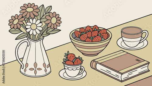 Cozy illustration of a table setting with flowers, strawberries, a book, and a cup of tea, creating a warm and inviting atmosphere for relaxation