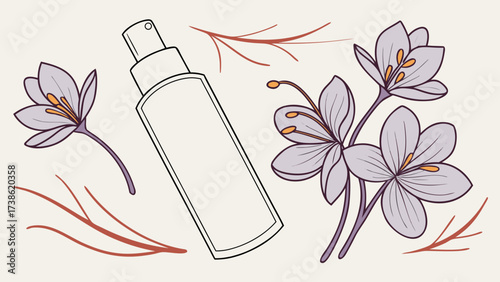 Illustration of a cosmetic spray bottle surrounded by saffron flowers, , showcasing natural beauty and skincare products