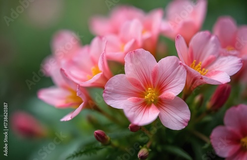 Delicate pink Oenothera flowers bloom in garden. Soft focus green background with copy space. Macro shot of fragile petals and yellow stamens. Natural beauty of summer flora.
