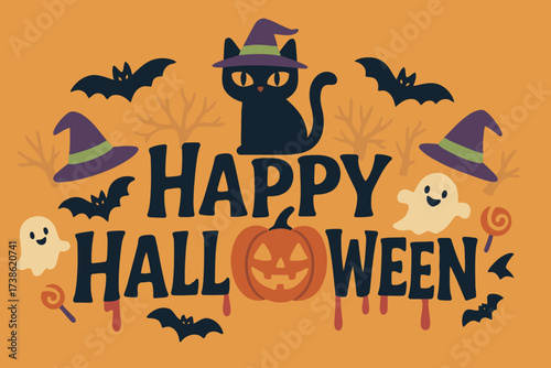 Black Cat and Witch Hat Halloween Typography with Bats, Ghosts, and Spooky Elements Vector Illustration