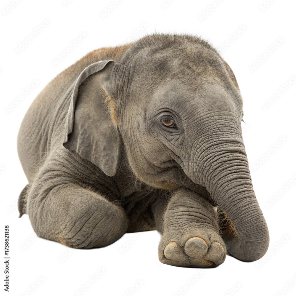 Fototapeta premium Adorable baby elephant resting peacefully, capturing innocence and gentle charm for your heartwarming projects 