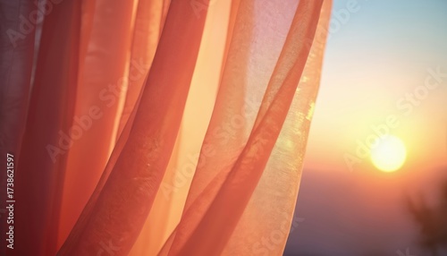 Sunset light shines through orange sheer curtain. Soft fabric drapes, creating warm, dreamy atmosphere. Gradient color from peach to orange. Beautiful abstract, elegant design, luxurious, aesthetic