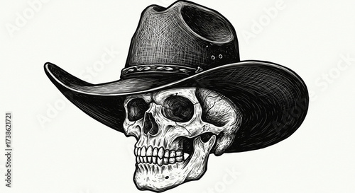 Skull wearing cowboy hat in vintage illustration style with dramatic black and white contrast on textured background for western decor