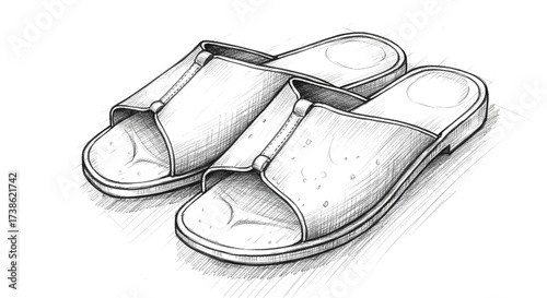 Hand-drawn sandals in minimalist style with soft shading on white background for footwear design