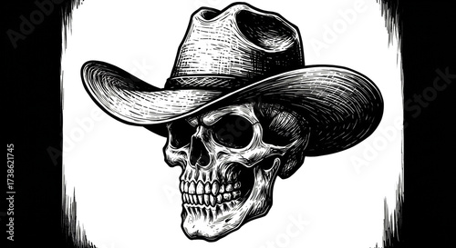 Skull wearing cowboy hat in vintage illustration style with high contrast black and white shading for biker apparel