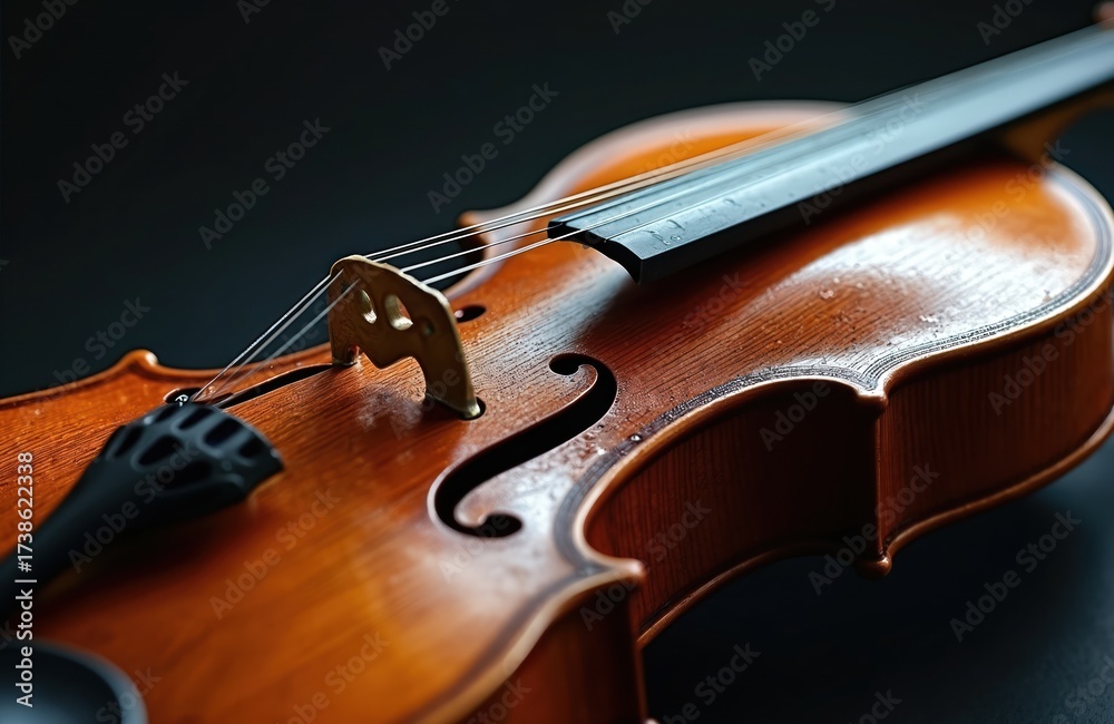 Fototapeta premium Close-up on polished violin with strings. Light reflects off instrument body. Beautiful wooden fiddle displays craftmanship, design. Aged musical instrument for classic melody composition,