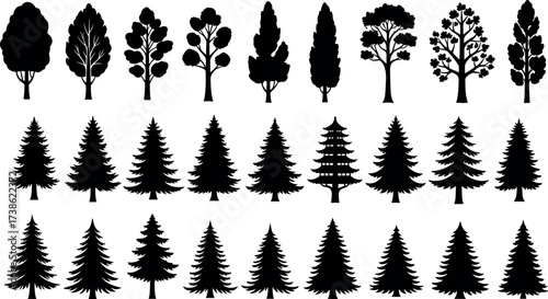 Silhouette collection of deciduous and coniferous trees with diverse shapes, foliage styles, and architectural elements for nature-themed vector design