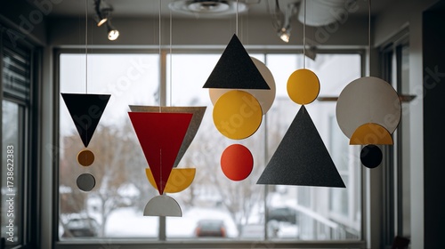 Geometric shapes suspended in interior, near window with snowy cityscape backdrop, for design