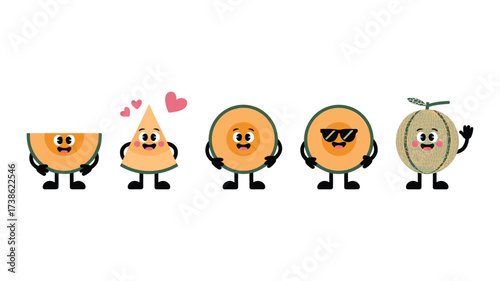 A Group of Anthropomorphic Cantaloupe Melon Characters with Different Expressions and Poses Keywords: cantaloupe, melon, fruit, character, cute, kawaii, anthropomorphic, happy, smiling, sunglasses