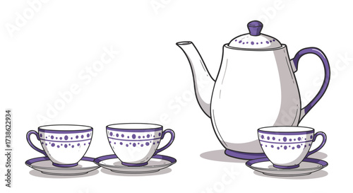 Elegant porcelain tea set with purple dot pattern on white background