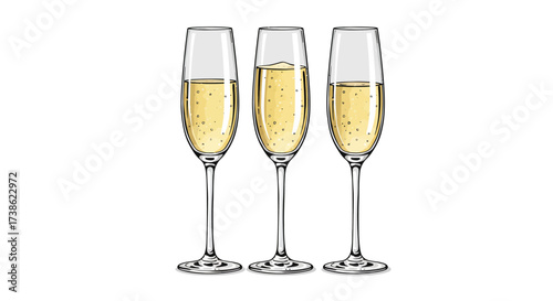 Elegant champagne glasses trio illustration with sparkling detail