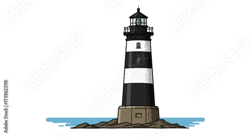 Classic black and white lighthouse on rocky shoreline with minimalist design