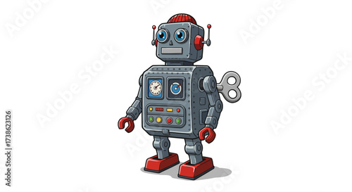 Retro toy robot with red shoes and wind-up key on white background