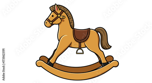 Vintage wooden rocking horse with saddle on white background