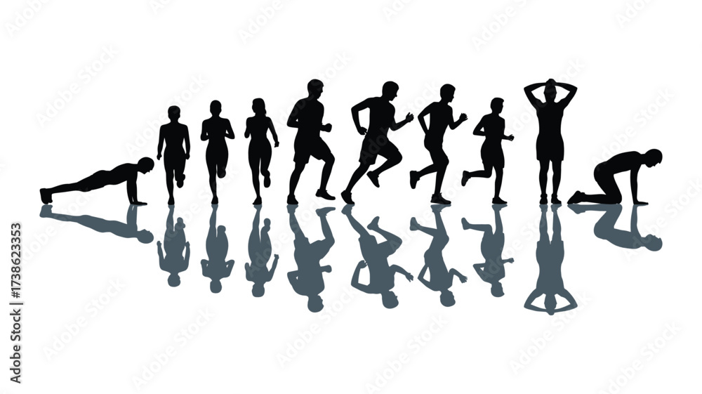 Obraz premium Silhouettes of people exercising and running with reflections on white background Keywords: exercise, fitness, running, jogging, workout, training, sport, recreation, health, active, lifestyle