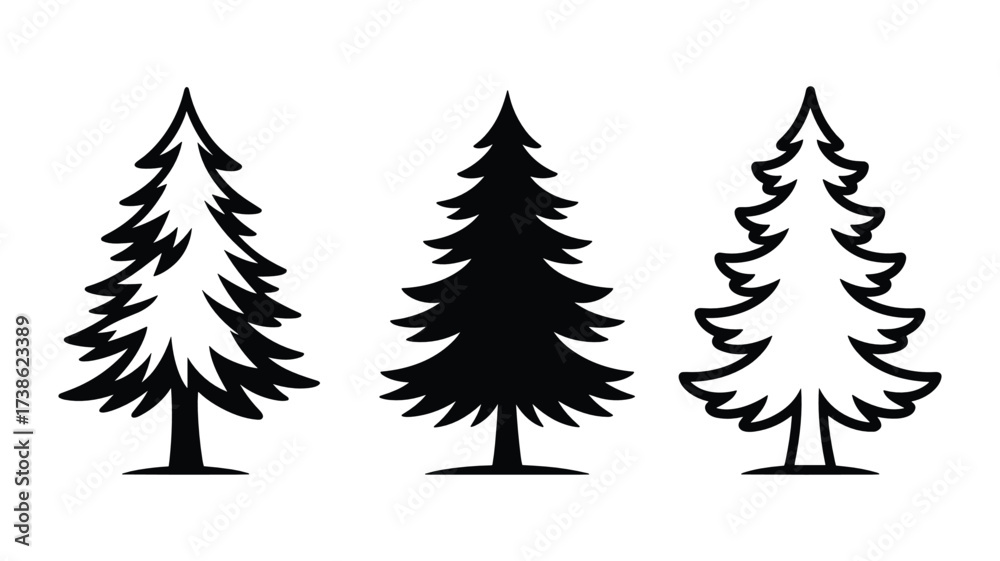 Obraz premium Three Black Silhouette Styles of Pine Trees on White Background Keywords: pine tree, fir tree, conifer, evergreen, silhouette, black, outline, stylized, nature, forest, woodland, winter, christmas