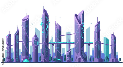 Futuristic city skyline with advanced purple architecture and high-tech urban…