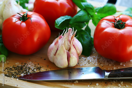 large tomatoes with basil and garlic