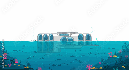 Futuristic underwater building design with marine life and coral reefs in mod…