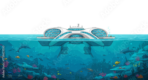 Futuristic ocean habitat: modern marine architecture with diverse sea life