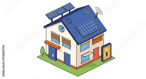 Eco-friendly smart home with solar panels and modern technology in isometric…