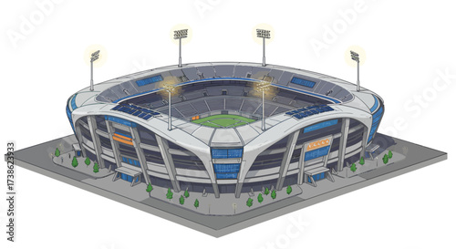 Modern isometric stadium with illuminated field and surrounding area at night