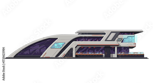 Futuristic building design with large windows and modern architecture