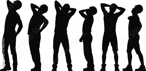 Silhouettes of construction workers stretching, bending, and resting to relieve back pain and muscle strain, showing labor fatigue, physical effort, and worksite activity