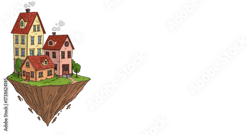 Floating cartoon houses on a suspended island with smoke and trees