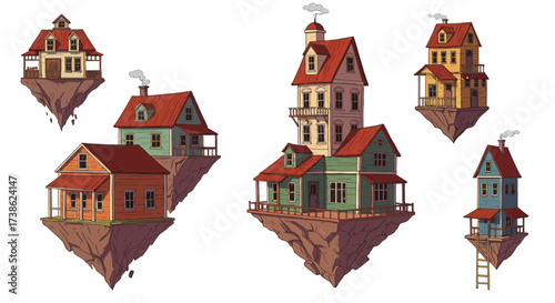 Floating victorian houses on rocky islands with chimneys and red roofs