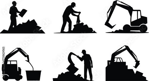 Silhouettes of construction workers and excavators moving dirt, rocks, and materials at construction site, showing heavy equipment, labor, and building industry activity