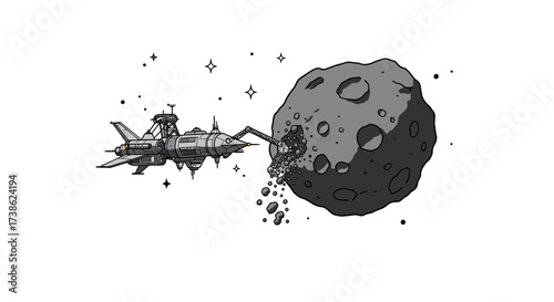 Spacecraft mining asteroid in futuristic sci-fi scene with stars