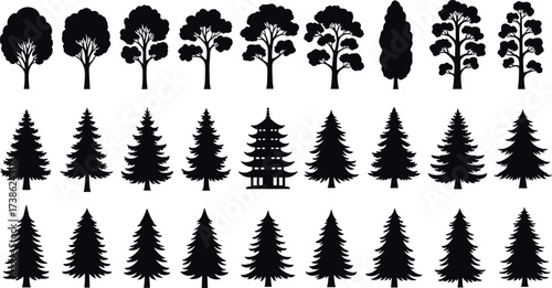 Silhouettes of coniferous and deciduous trees with traditional East Asian pagoda, perfect for nature, landscape, and cultural design themes.