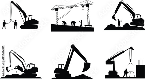 Silhouettes of construction workers operating cranes and excavators at building sites, showing heavy equipment, teamwork, lifting operations, and construction industry machinery illustration